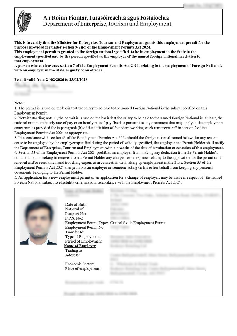Critical Skills Permit, client approval with personal details redacted