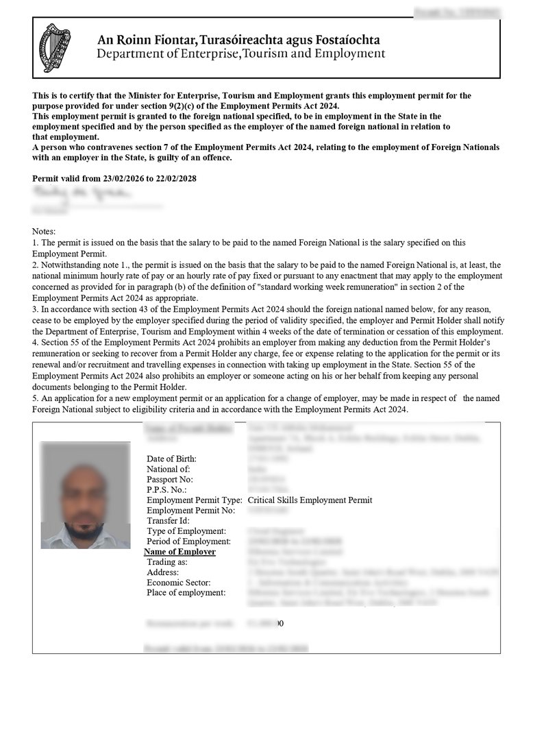Critical Skills Permit, client approval with personal details redacted